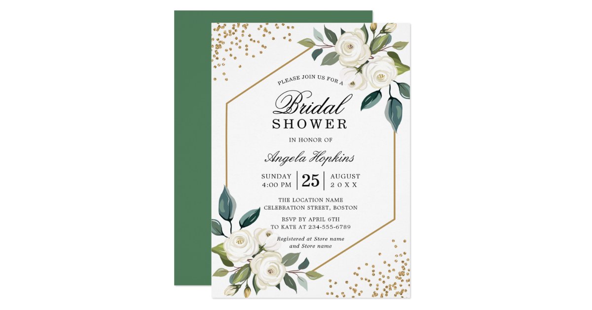 Elegant Green White Gold Floral Bridal Shower Invitation