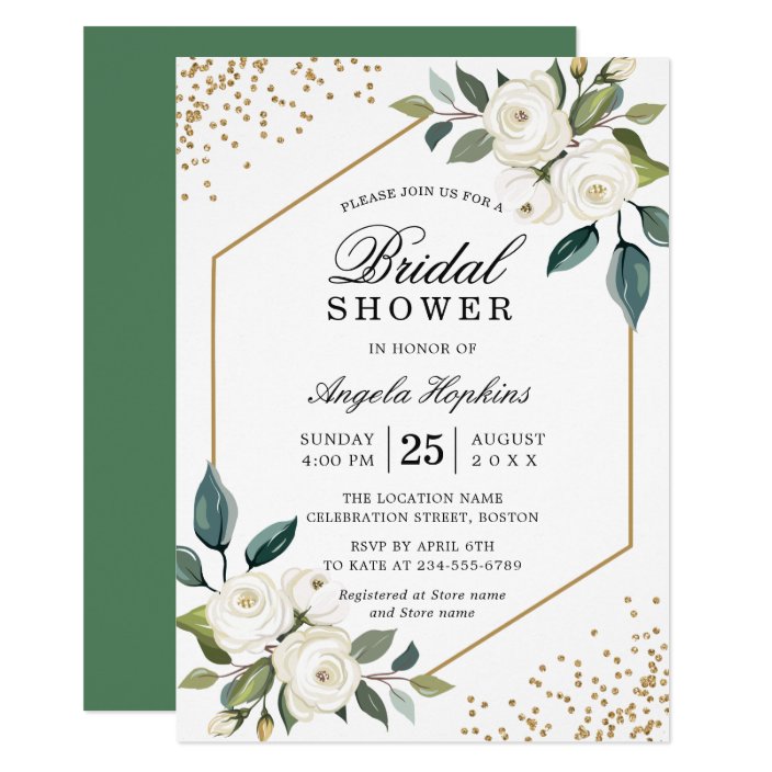 Elegant Green White Gold Floral Bridal Shower Invitation