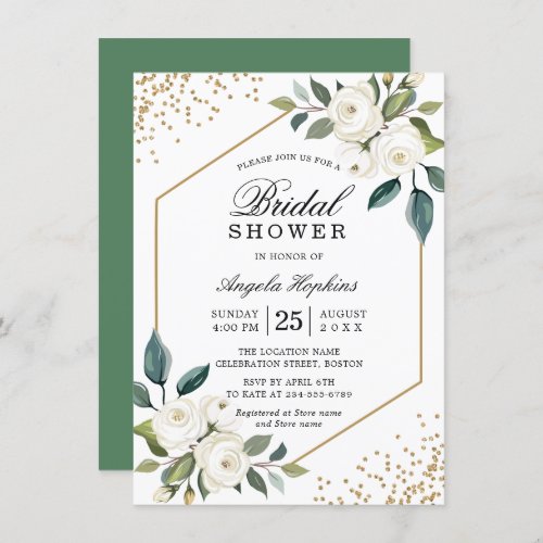 Elegant Green White Gold Floral Bridal Shower Invitation