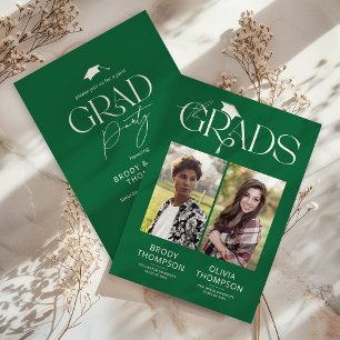 Elegant Green & White Joint Graduation Party Photo Invitation