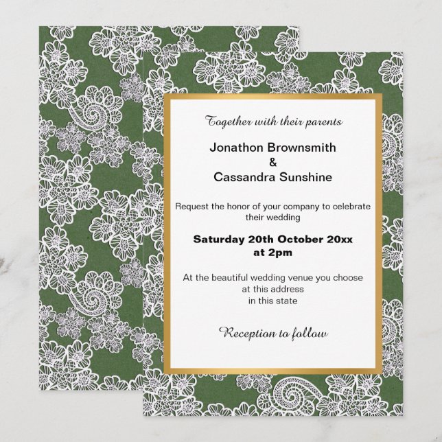 ELEGANT GREEN WHITE LACE WEDDING INVITATION (Front/Back)