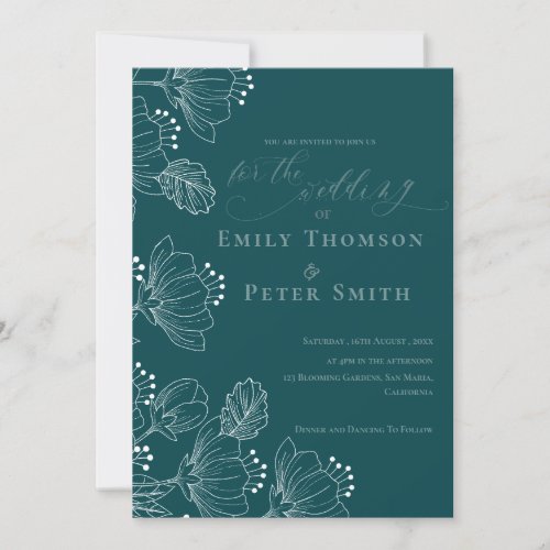 Elegant Green White Minimalist Line Floral Wedding Invitation