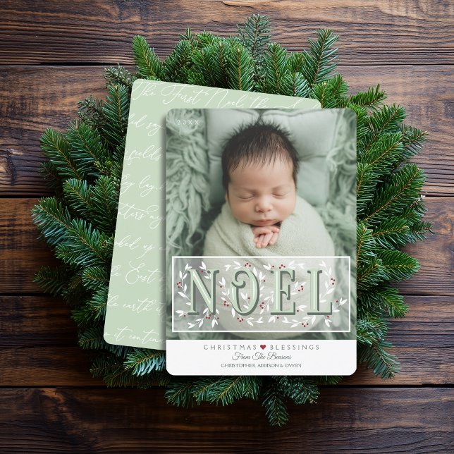 Elegant Green White Overlay Photo Christmas Card (Shown on a 5" x 7" card with rounded corners)