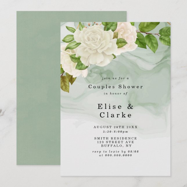 Elegant Green White Roses Couples Shower Invites (Front/Back)