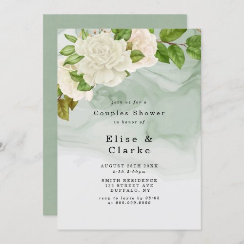 Elegant Green White Roses Couples Shower Invites