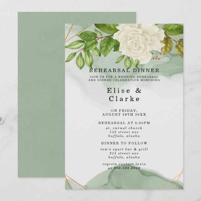 Elegant Green White Roses Rustic Rehearsal Dinner Invitation (Front/Back)
