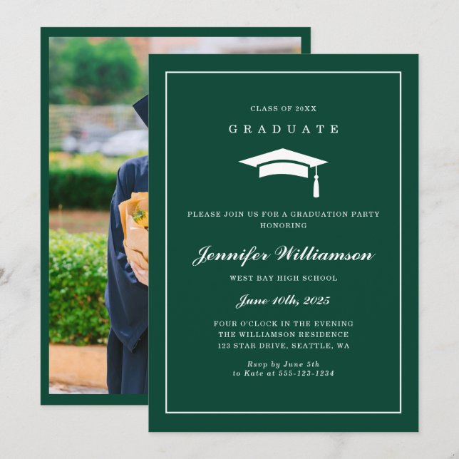 Elegant Green & White Script Graduation Photo Invitation (Front/Back)