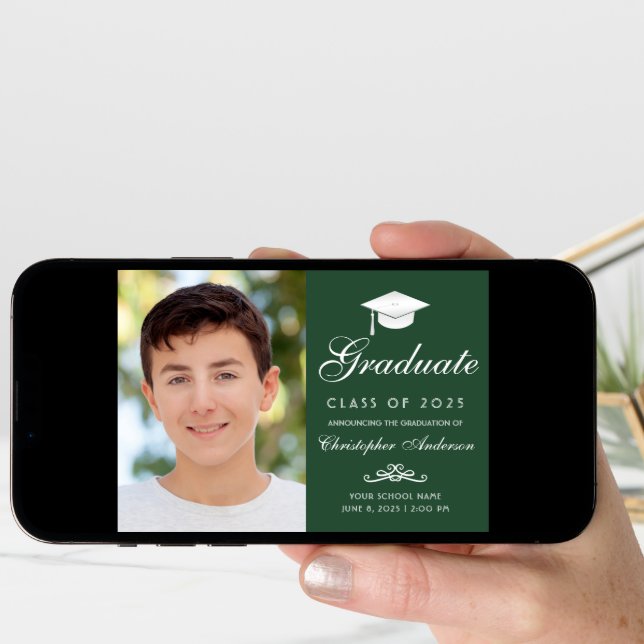 Elegant Green White Script Photo Graduation Announcement (Front Digital)