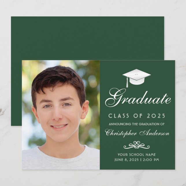 Elegant Green White Script Photo Graduation Announcement (Front/Back)