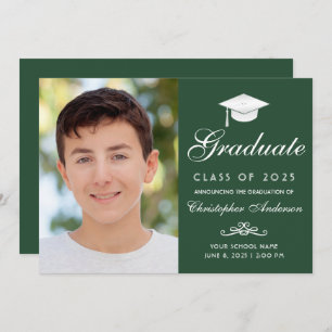 Elegant Green White Script Photo Graduation Announcement