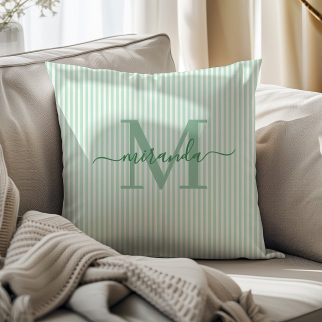 Elegant Green & White Stripes Monogram Name Throw Pillow (Creator Uploaded)