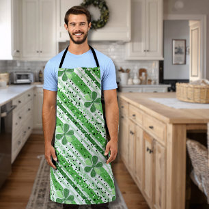 Elegant Green White Stripes Shamrock Glitter Apron