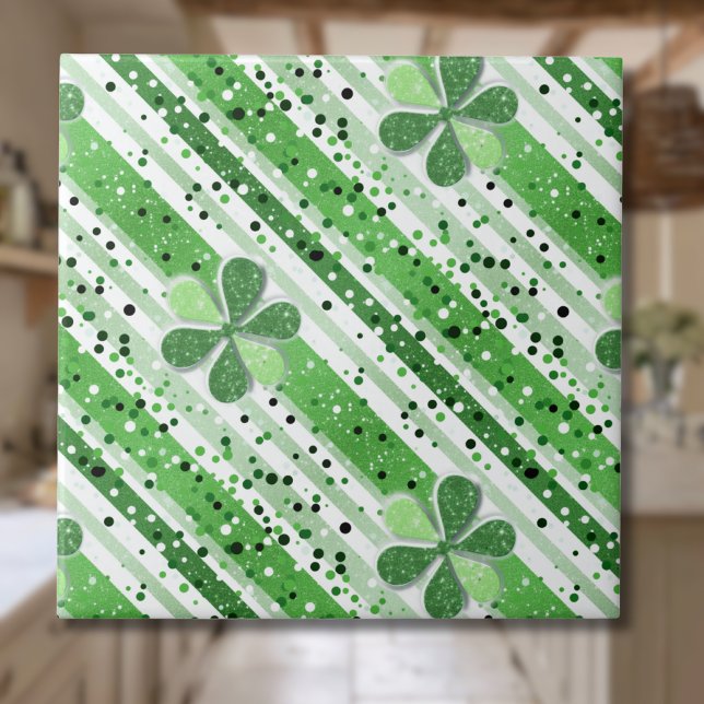 Elegant Green White Stripes Shamrock Glitter Ceramic Tile (Creator Uploaded)