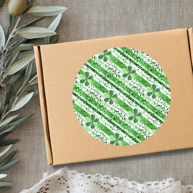 Elegant Green White Stripes Shamrock Glitter Classic Round Sticker (Creator Uploaded)