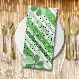 Elegant Green White Stripes Shamrock Glitter Cloth Napkin