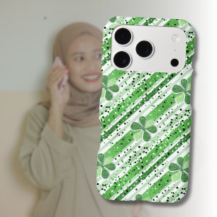 Elegant Green White Stripes Shamrock Glitter iPhone 17 Pro Case