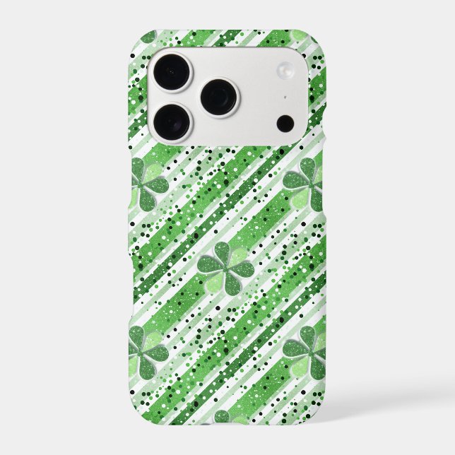 Elegant Green White Stripes Shamrock Glitter iPhone Case (Back)