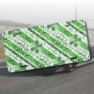 Elegant Green White Stripes Shamrock Glitter License Plate