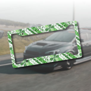 Elegant Green White Stripes Shamrock Glitter License Plate Frame