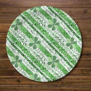 Elegant Green White Stripes Shamrock Glitter Paper Plates