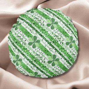 Elegant Green White Stripes Shamrock Glitter Round Pillow