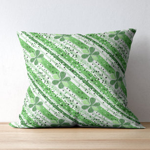 Elegant Green White Stripes Shamrock Glitter Throw Pillow