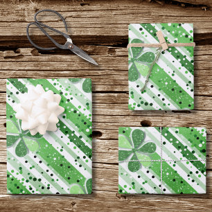 Elegant Green White Stripes Shamrock Glitter Wrapping Paper Sheets