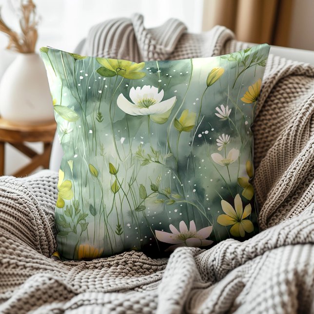 Elegant Green White Yellow Floral Botanical  Throw Pillow (Yellow and white flowers on emerald and muted green decorator pillow)