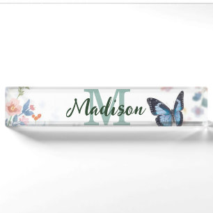 elegant Green Wildflower Boho Monogram In Bloom Desk Name Plate