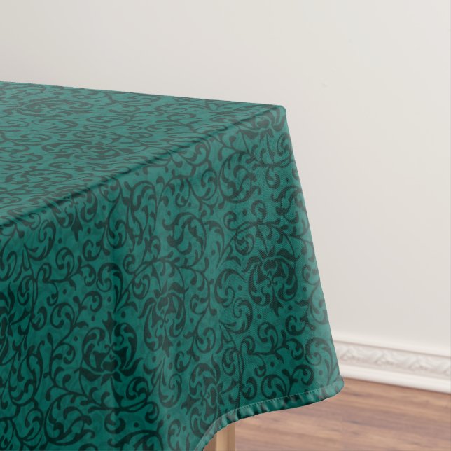 Elegant Green William Morris Style Floral Damask Tablecloth (In Situ)