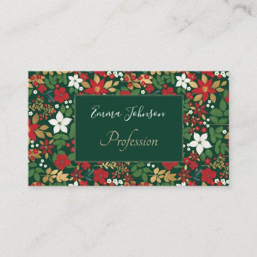 Elegant Green Winter Red White Gold Floral Pattern Business Card