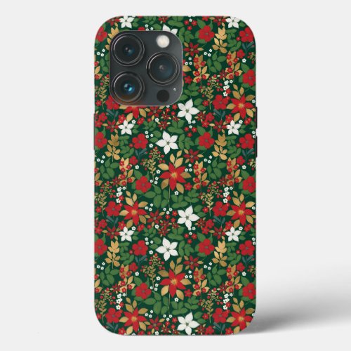 Elegant Green Winter Red White Gold Floral Pattern iPhone 13 Pro Case