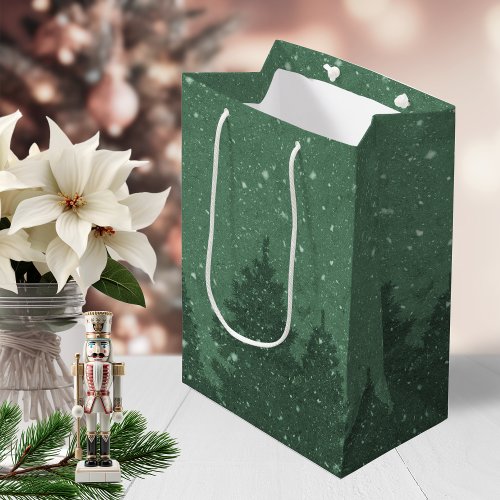 Elegant Green Winter Snow Trees Holiday Medium Gift Bag