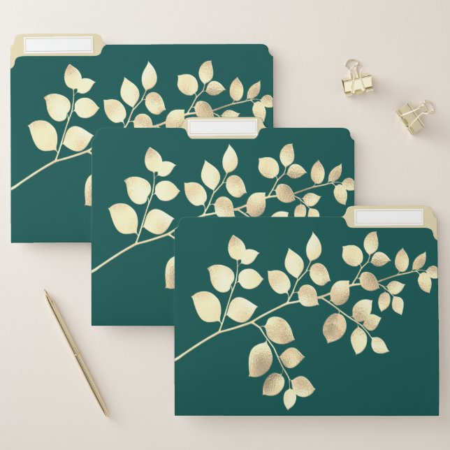 Elegant green with golden leaves file folder (Set)