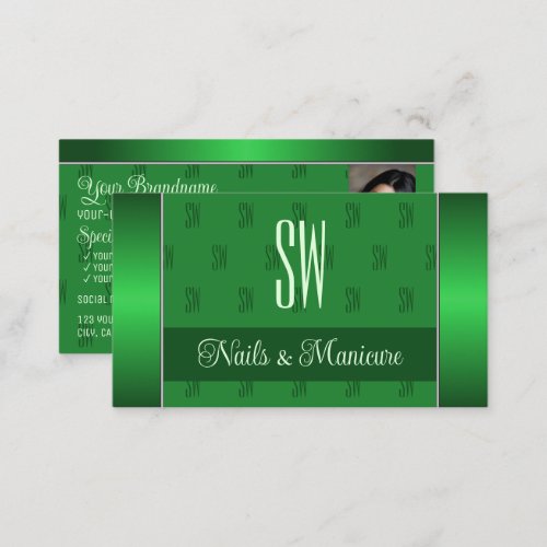 Elegant Green with Photo and Chic Monogram Pattern Business Card