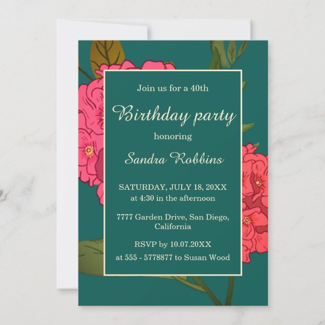 Elegant green with pink flower birthday invitation (Front)