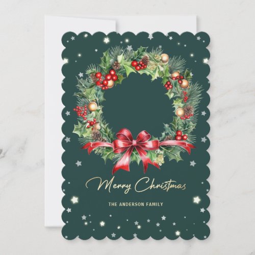 Elegant Green Wreath Photo Merry Christmas Card