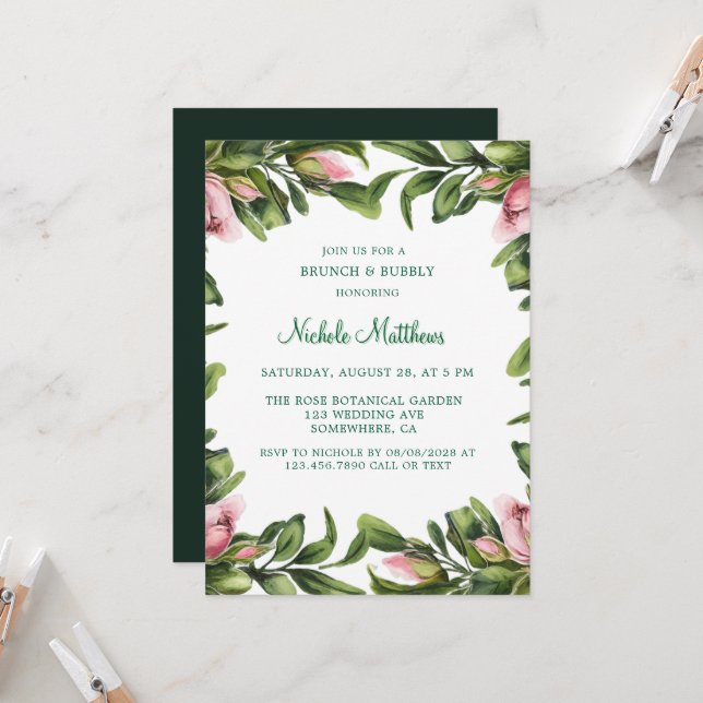 Elegant Green Wreath Pink Bud Brunch & Bubbly Invitation (Front/Back In Situ)