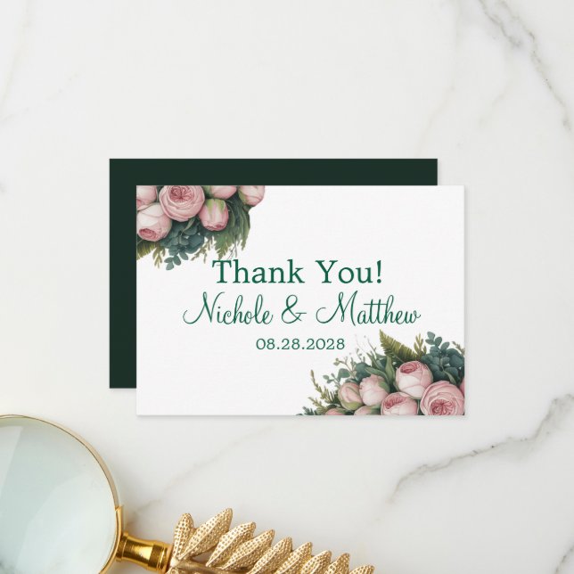 Elegant Green Wreath Pink Buds Wedding Thank You Card (Front/Back In Situ)