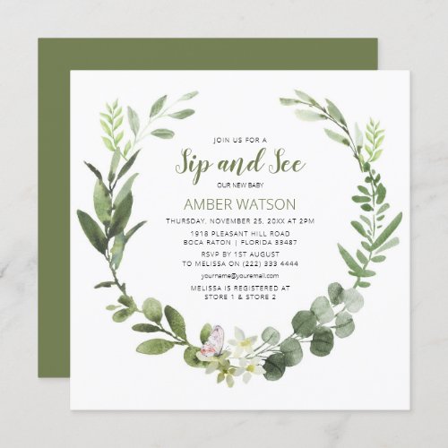 Elegant Green Wreath Sip And See Party Invitation