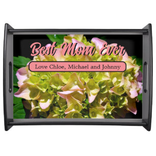 Elegant green yellow pink Hydrangea best mom ever Serving Tray