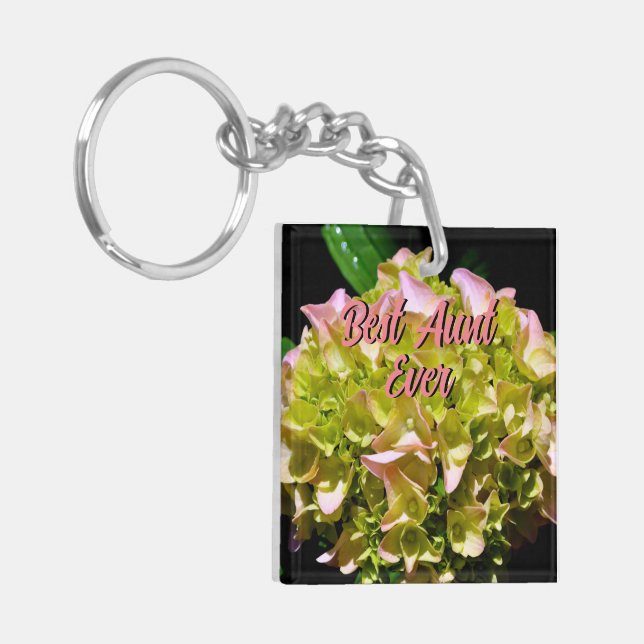 Elegant green yellow pink Hydrangea flowers Keychain (Front Left)