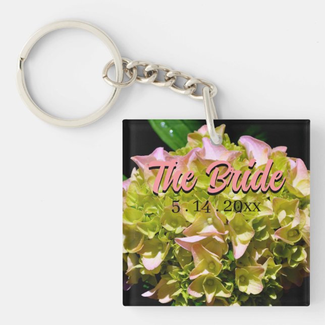 Elegant green yellow pink Hydrangea flowers Keychain (Front)