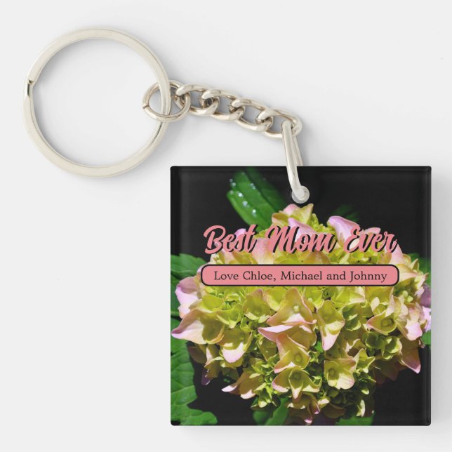 Elegant green yellow pink Hydrangea flowers Keychain (Front)