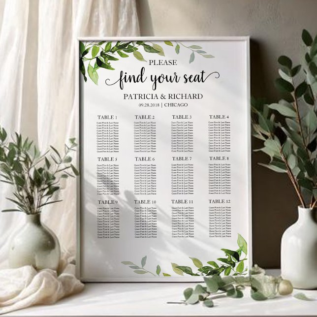 Elegant Greenery 12 Table Wedding Seating Chart Faux Canvas Print (Creator Uploaded)
