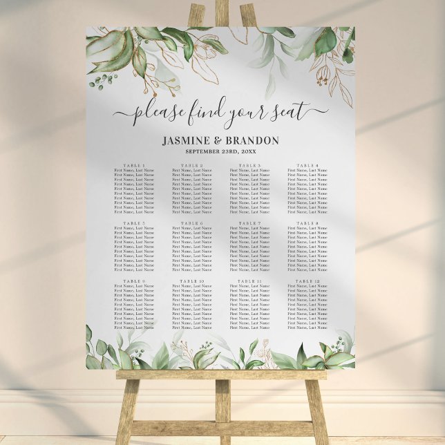 Elegant Greenery 12 Table Wedding Seating Chart Foam Board (Creator Uploaded)