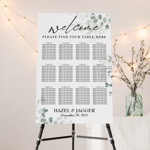 Elegant Greenery 12 Tables Wedding Seating Chart Foam Board