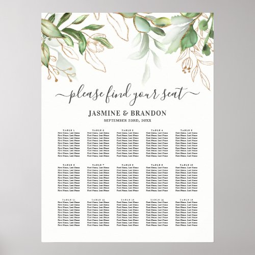 Elegant Greenery 15 Table Wedding Seating Chart - Elegant greenery wedding table plan featuring a stylish white background, botanical watercolor green foliage, gold glitter accents, and a modern wedding seating chart template of 15 tables.