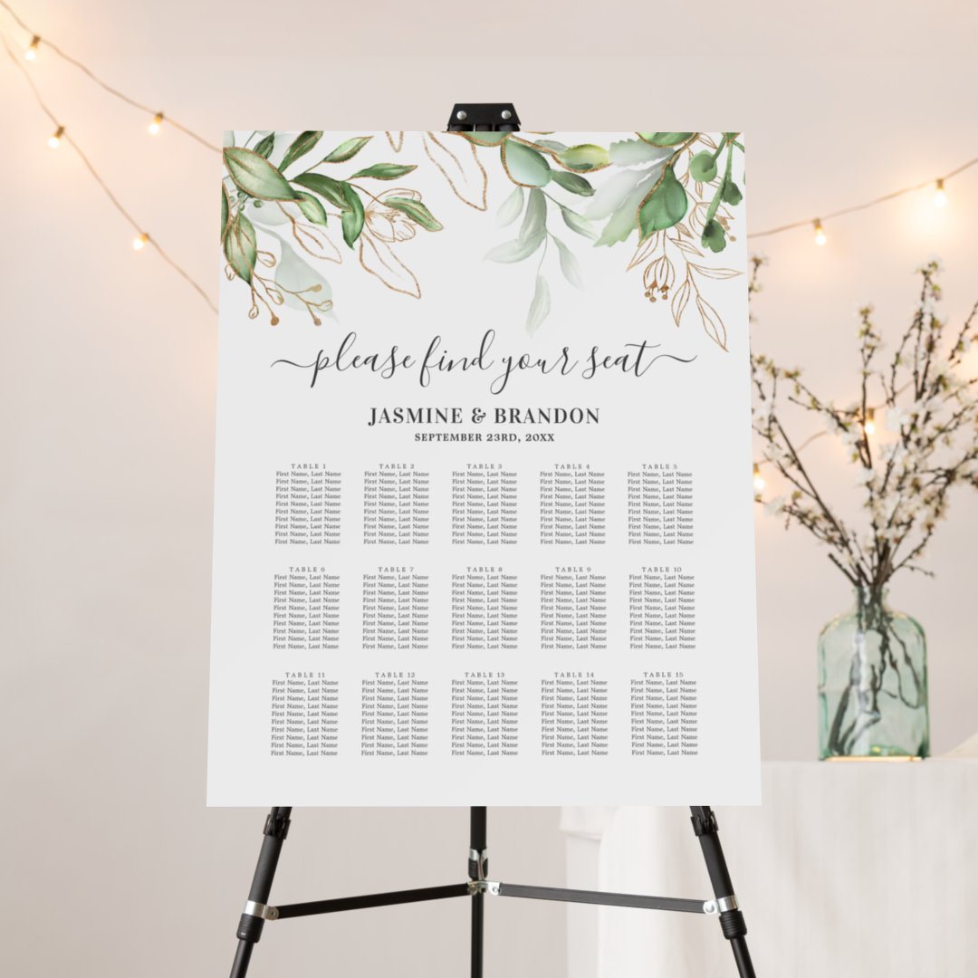 Elegant Greenery 15 Table Wedding Seating Chart Foam Board | Zazzle