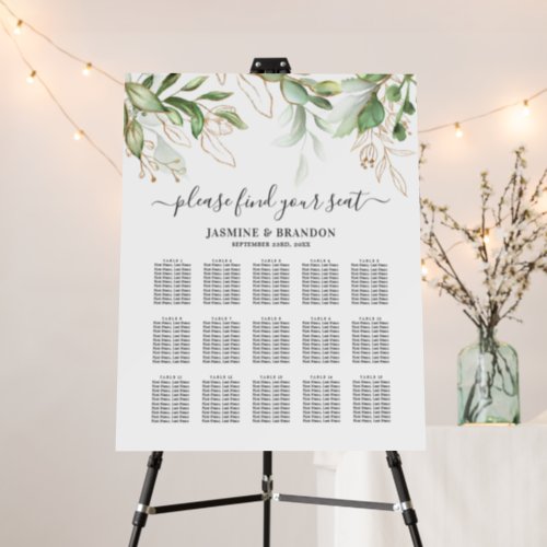 Elegant Greenery 15 Table Wedding Seating Chart Foam Board - Elegant greenery wedding foam board table plan featuring a stylish white background, botanical watercolor green foliage, gold glitter accents, and a modern wedding seating chart template of 15 tables.